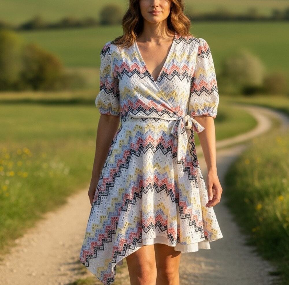 N12H White Eyelet Mini Wrap Dress SMALL Fit & Flare Cotton Zigzag Cottage $260